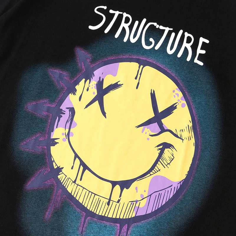 

ELKMU Men Summer T-shirt Smile Face Print Short Sleeve Tshirt Streetwear Harajuku Tops Tees Male Shirts Black Cotton Loose HE810