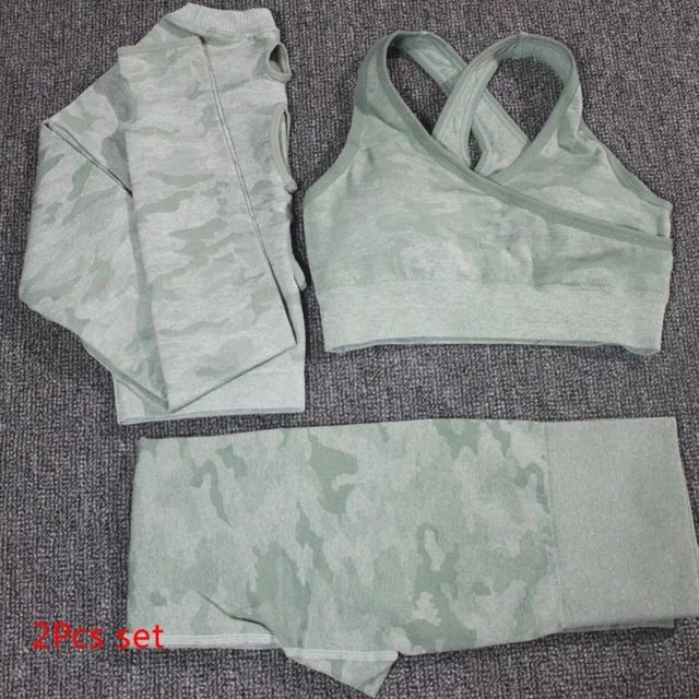 Green 3Pcs Set Камуфляжной расцветки, Yoga 3 шт. набор бесшопное кроп топ с длинными рукавами+ леггинсы, спортивный бюстгальтер+ Для женщин леггинсы для пробежек, спортзала Высокая Талия спортивный костюм для фитнеса - Цвет: Green 3Pcs Set