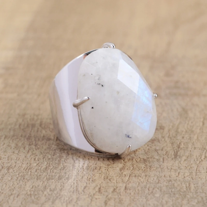 Moon stone-silver Обручальные кольца из натуральных камней Амазонит в форме яйца, розовый опал, Агаты, ювелирные изделия, граненые золотые кольца, бирюзовые женские кольца ZG0321 - Цвет основного камня: Moon stone-silver