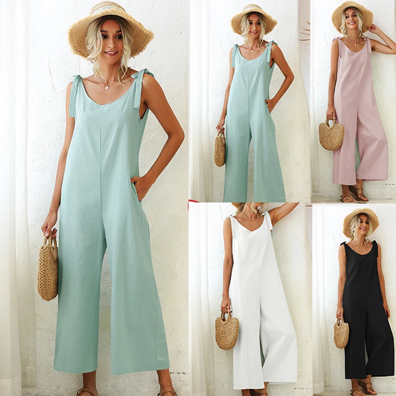 

Soild Loose Casual Summer Women's Clothing Tied Wide Loose Straight Leg Solid Color One-piece Bib Women Jumpsuit Women Leisure