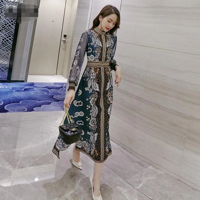 

2021 spring new dress women's national style cheongsam dress waist slim skirt