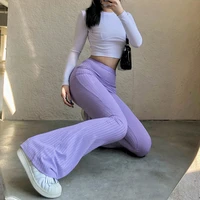 fashion purple ribbed y2k joggers women knitted flare pants slim high waist aesthetic trousers female vintage 90s sweatpants