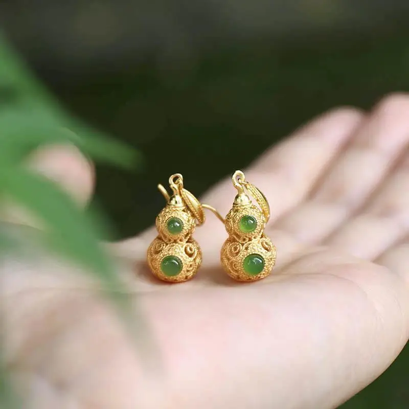 

[Fuxin] Natural Jasper Hollow Gourd Women's Eardrops 925 Sterling Silver Jade Silver Earrings Exorcising and Fortune Drawing