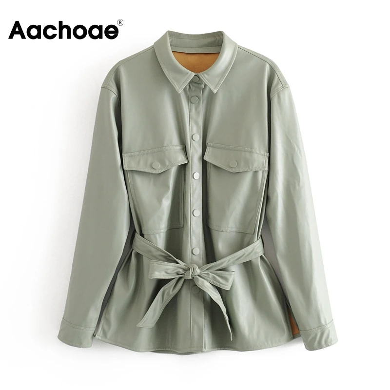 Куртка Aachoae женская из искусственной кожи с поясом модная уличная одежда длинным