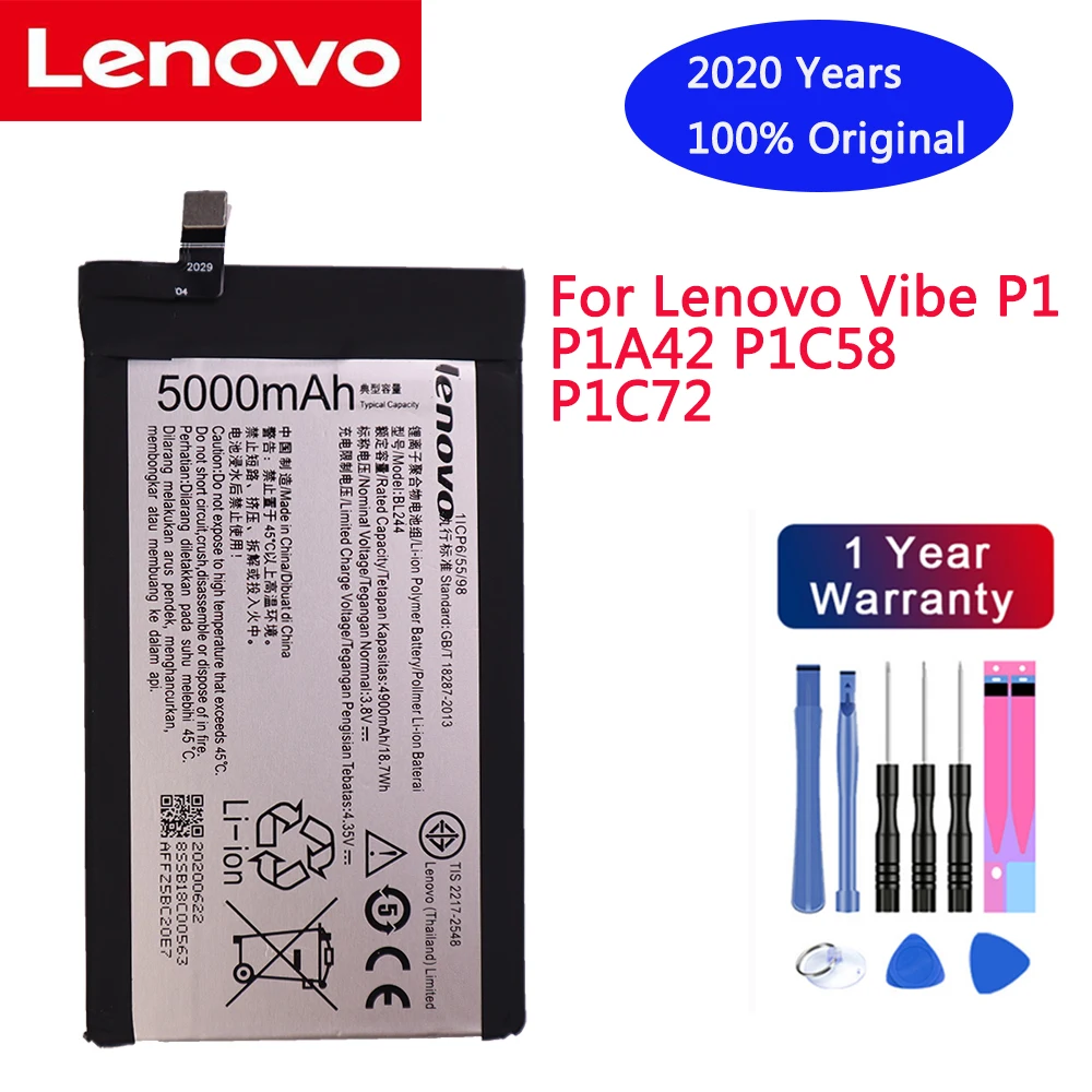 2020 original Lenovo 5000Mah BL244 Li-ion Battery Replacement for Lenovo Vibe P1 P1A42 P1C58 P1C72 Smart Mobile Phone+free Tools