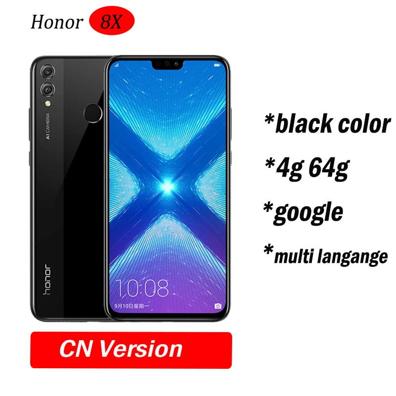 Глобальный Встроенная память Huawe Honor 8X6,5 ''полный экран ОТА обновление смартфон не 8x max мобильного телефона Android 8,1 Восьмиядерный отпечаток пальца ID - Цвет: 4g64 Black
