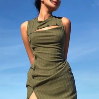 e girl vintage button slit single breasted midi dress y2k fashion sexy hollow backless ribbed long dress army green party dress