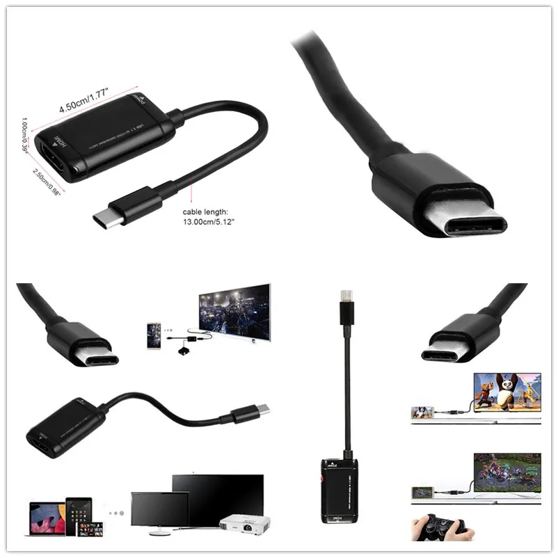 1 шт. USB C Type к HDMI адаптер 3 кабель для MHL Android Phone Tablet Черный 4 5*2 5*1 0 см|Кабели VGA| |