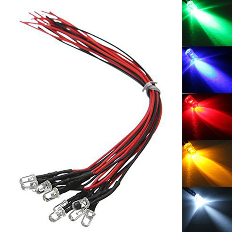 

10pcs Red Yellow Blue Green White 5mm Pre-Wired LED Super Bright Water Clear Bulb 5-12V Prewired LED Multicolor