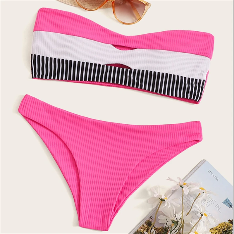 2020 New Stripe Swimsuit Women Strapless Bandeau Swimwear Padded Bralette Bathing Suit S-XL Girl Ribbe Bikini Set | Женская одежда