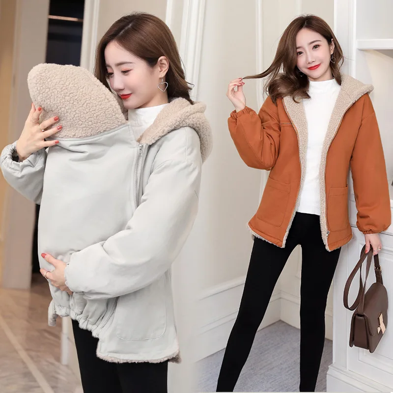 

New Baby Carrier Jacket Kangaroo Maternity Hoodies Women Outerwear Warm Wool Liner Autumn Coat For Pregnant Womens Size M-2XL