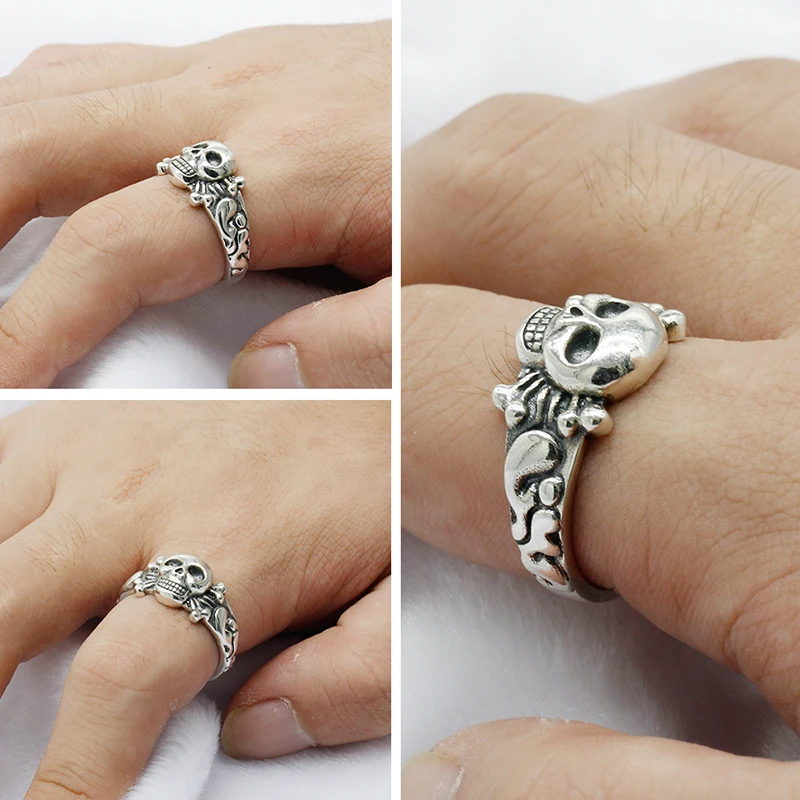

Punk Skull 925 Sterling Silver Men Ring Skeleton Personalized Sign Thai Silver Finger Ring For Men Women Lover Halloween Jewelry