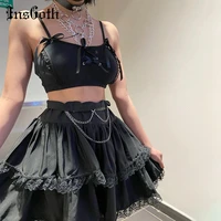 insgoth fairy grunge black skirt suits women gothic punk sexy lace up camis harajuku streetwear double layers a line skirts