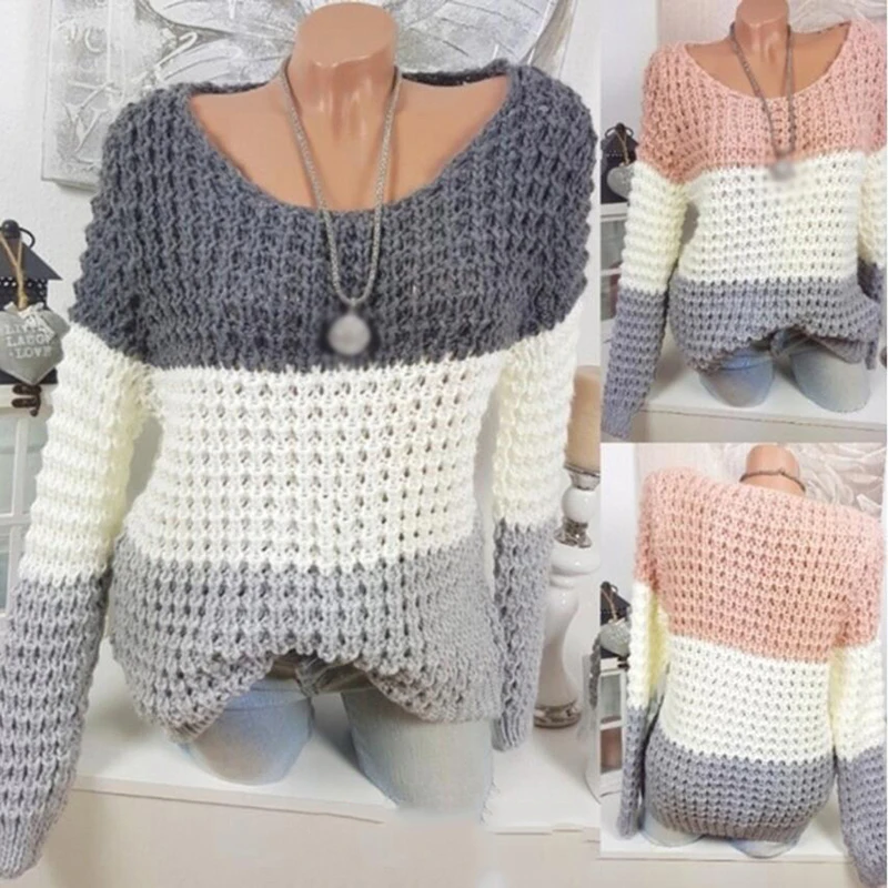 

Fashion Women Striped Sweater Autumn Winter O Neck Long Sleeve Sweater Loose Knit Pullover Patchwork Pull Femme Knit Mujer