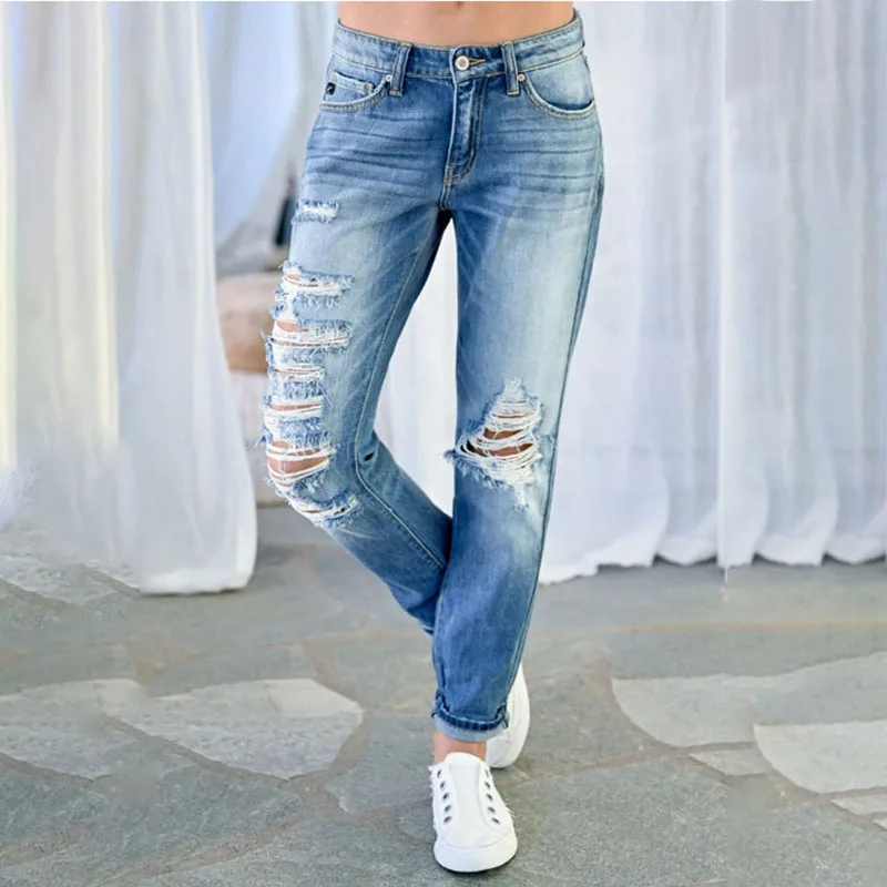 

2021 Fashion Vintage Ripped Hole Pencil Long Pants Solid Jeans Women Spring Summer Casual High Waist Slim Denim Trousers