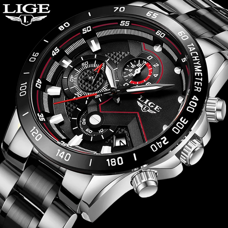 Часы наручные LIGE мужские с датой деловые водонепроницаемые Модные