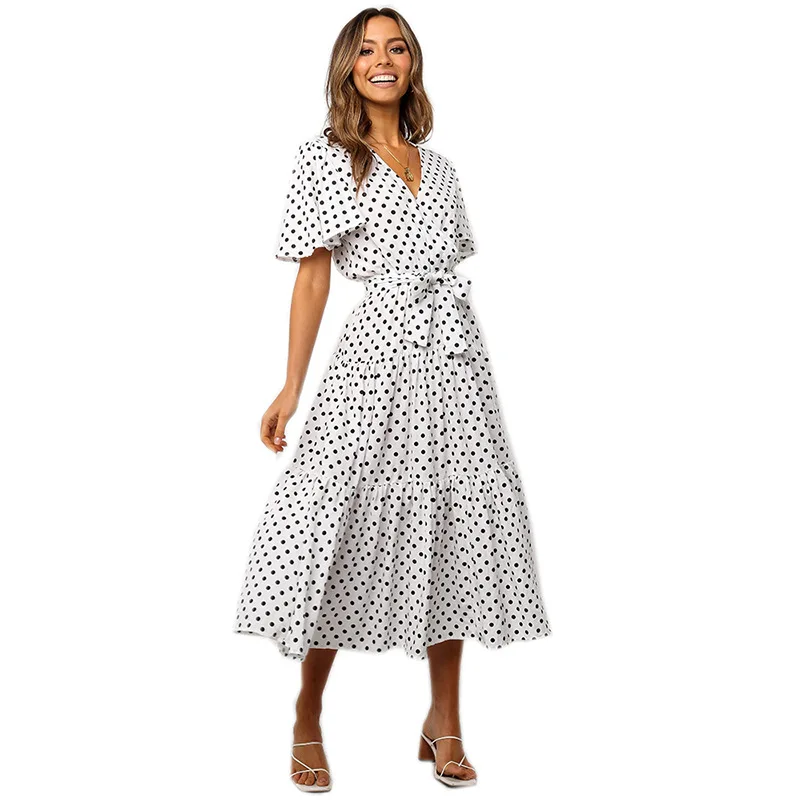 

Pleated V-neck short sleeve Polka Dot A-line dress