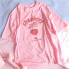Милая розовая летняя уличная одежда с рисунком клубники и молока для девочек, повседневный топ в японском стиле, милая Повседневная винтажная женская футболка