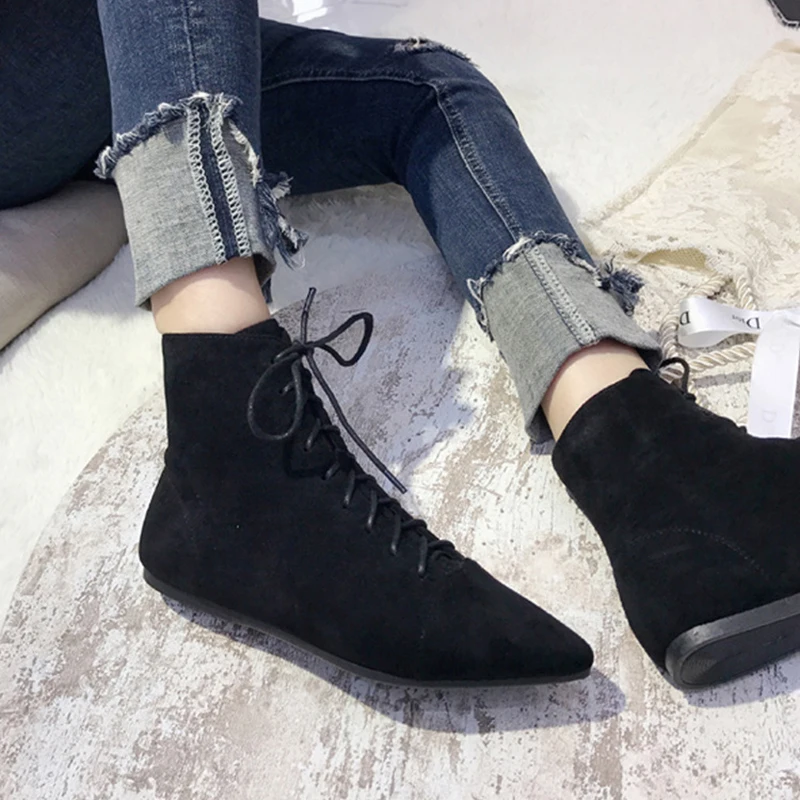 Маленькие ботинки женские сапоги на Плоском Каблуке остроносые ботильоны из