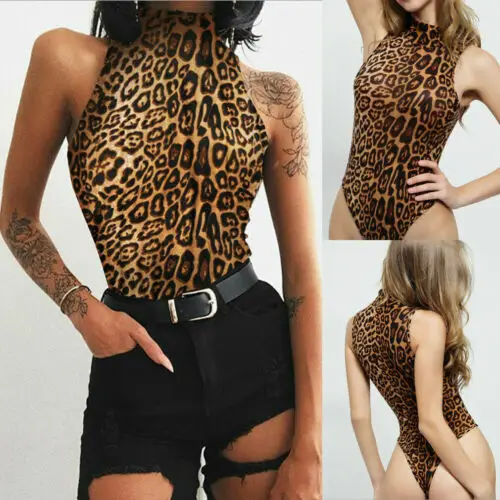 Женская водолазка леопардовый купальник Облегающий комбинезон Playsuit топы |