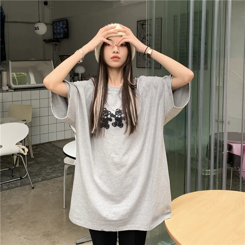 

2021 Summer Kawaii Women T Shirt Contrast Three Bears T-shirt Loose Casual Medium Length Oversized Tshirt Tops