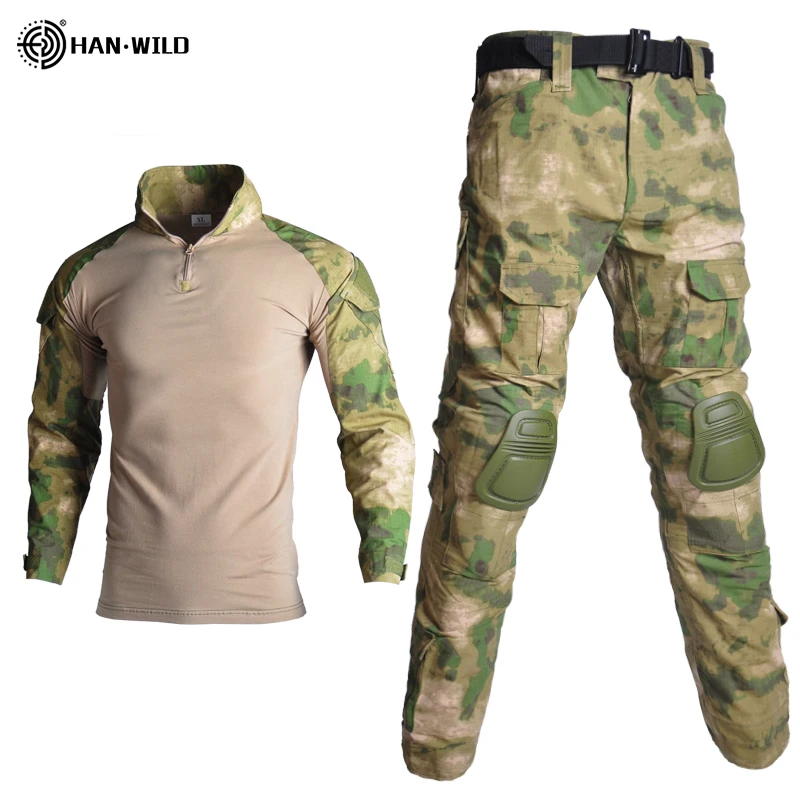 

HAN WILD Tactical Camouflage Military Uniform Clothes Suit Men Army clothes Military Combat Shirt + Cargo Pants Knee Pads