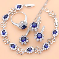 blue sapphire 925 sterling silver bridal jewelry sets docoration women wedding earrings rings dropshipping necklace set