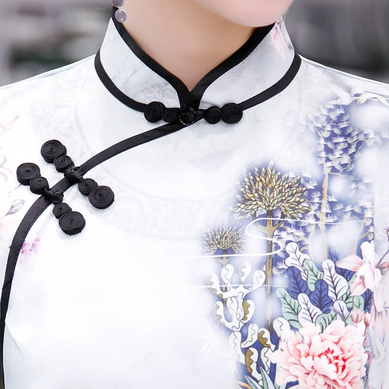 

Vintage Button Trim Traditional Chinese Dress Women Summer Qipao Elegant Evening Party Dresses Sexy Slim Medium Length Cheongsam