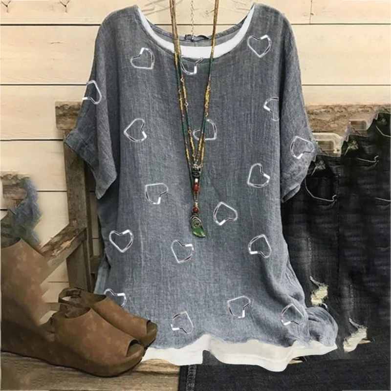 

2022 Summer Loose Love T-Shirt Women Heart Shaped Printed Tops Casual O-Neck Love Print Short Sleeve Shirt Female Pullover