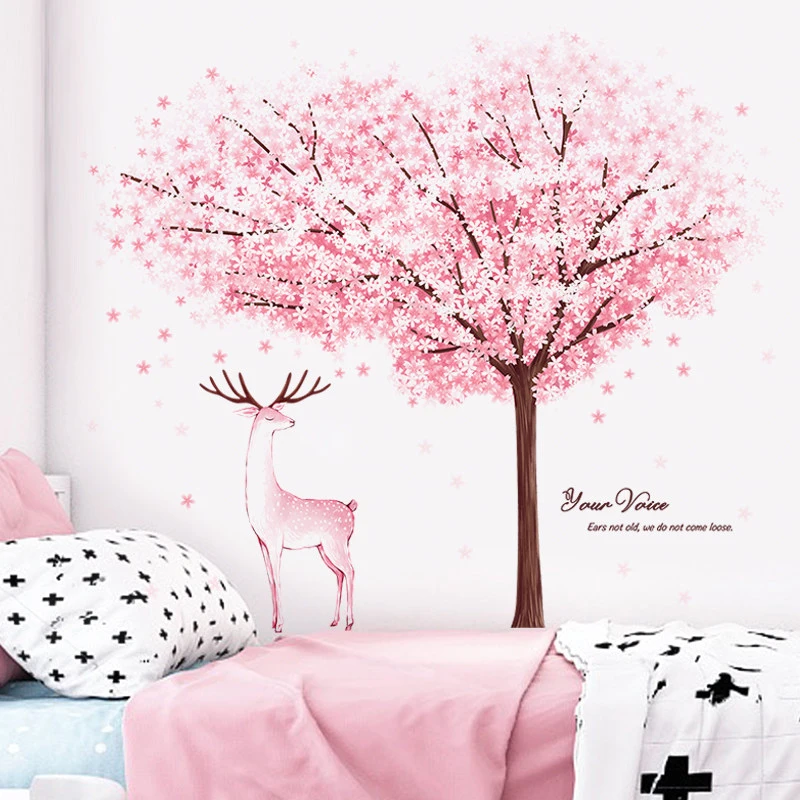 

Cartoon Pink Cherry Tree Blossom Deer Self-adhesive Bedroom Decor Stickers Background Wall Sticker For Kids Room Home Decoration
