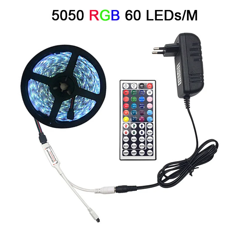 Светодиодный светильник RGB 5050 SMD 2835 гибкая лента fita светодиодный светильник RGB 5 м 10 м 15 М лента диод DC12V 60 светодиодный s 1 м+ управление+ адаптер - Испускаемый цвет: RGB 5050 60LEDs 1M