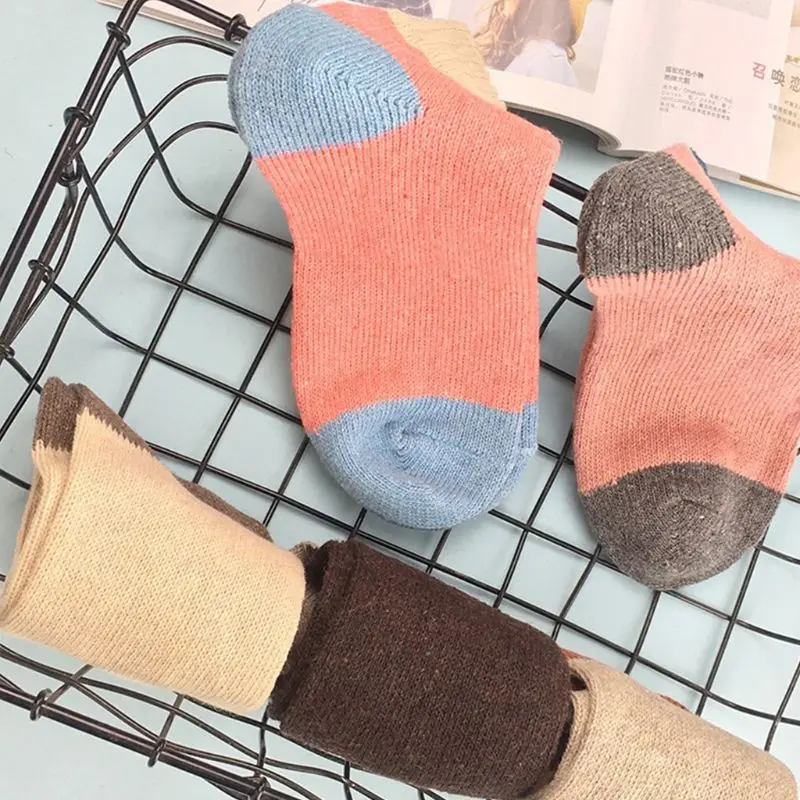 

5 Pairs Korean Literary Style Women Girls Faux Wool Crew Socks Color Block Patchwork Chunky Ribbed Knitted Winter Thick Mid