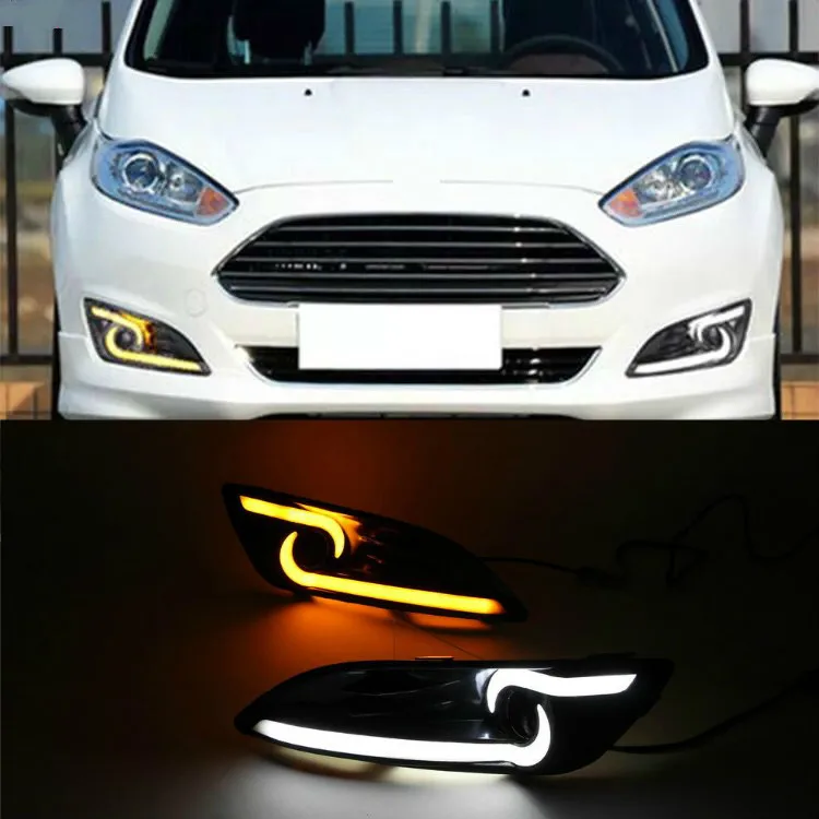 2Pcs LED Daytime Running Light For Ford Fiesta 2013 2014 2015 2016 Fog lamp cover with Yellow Turning signal Lights