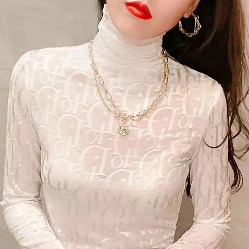 

Модная кружевная нижняя рубашка с высоким воротником, Женский весенне-осенний прозрачный топ из тонкой сетки с надписью Y2k