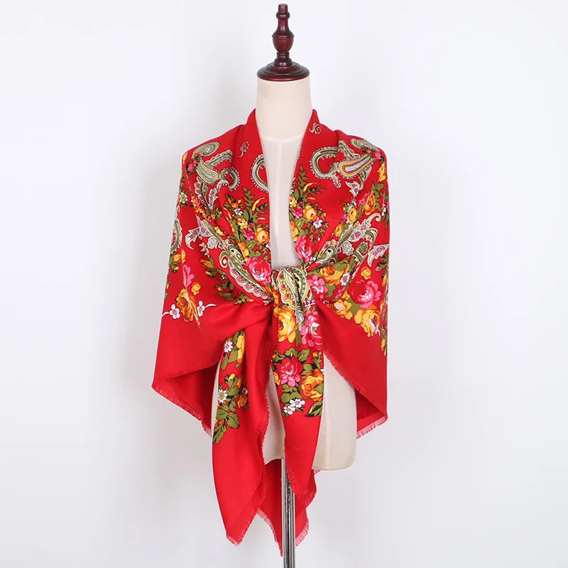 [FAITHINK] 140cm Women Square Travel Scarf Shawl Lady Traditional Floral Designer Wrap Stole Winter Warm Poncho Cotton scarf | Аксессуары