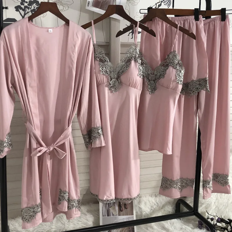 

5PC Satin Robe Sleep Suit Sexy Silk Lace Pajamas Gown Set Womens V-Neck Cami Nighties Wear Pijama Spring Home Nightwear
