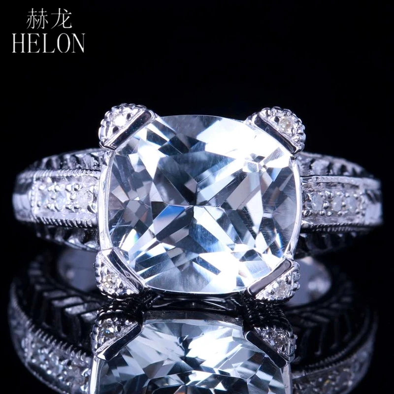 

HELON Solid 10K White Gold Flawless Cushion 12mm White Topaz Diamonds Engagement Vintage Trendy Jewelry Ring For Women Best Gift