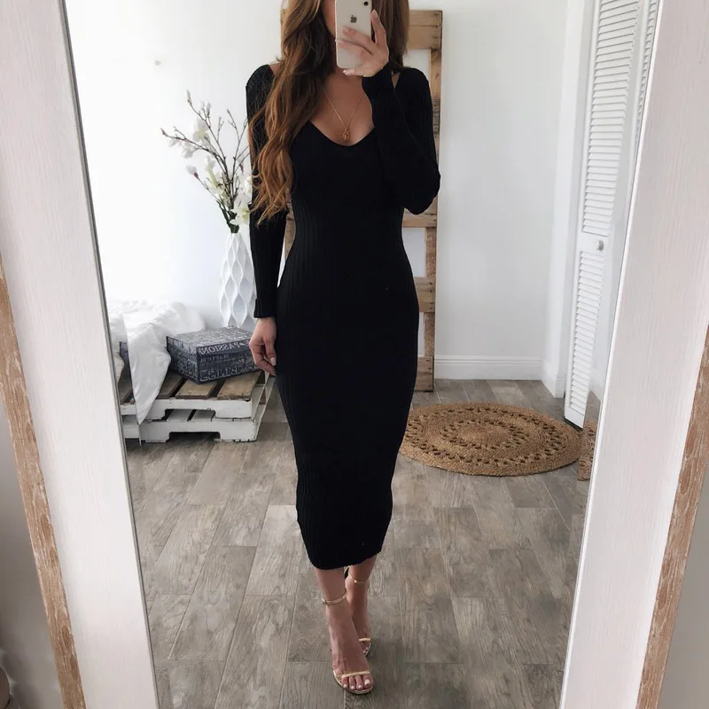 

Women Sexy V neck long Sleeve Dress Comfortable Striped Color Solid Pullover Night Club Evening Party 2019 Autumn