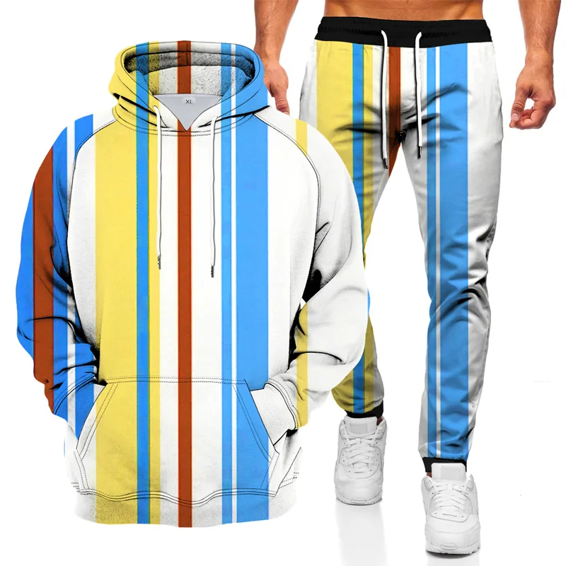 

2021 New men's Sweater Sportswear Suit Spring And Autumn Striped 3D Printed Hoodie men's Casual Suit 2-piece Set