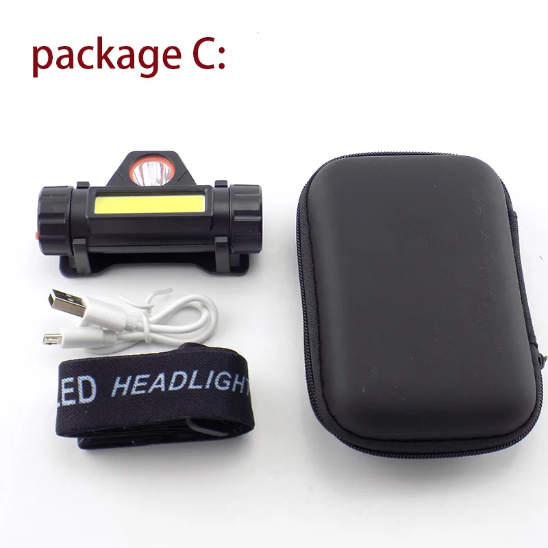 package C Высокая мощность USB Перезаряжаемый фронтальный налобный мини-светильник-вспышка, головной светильник, 2 светодиодный COB XPE аккумулятор, фонарь для бега, кемпинга - Испускаемый цвет: package C