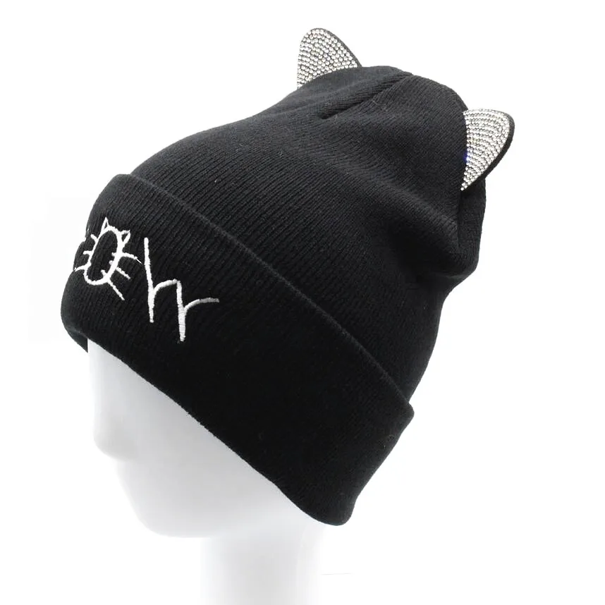 

Girls Animal Letter Embroidery Beanie Knit Warm Black Heather Grey Winter Hat Cat Ears 2020 New Women Stone Beanie