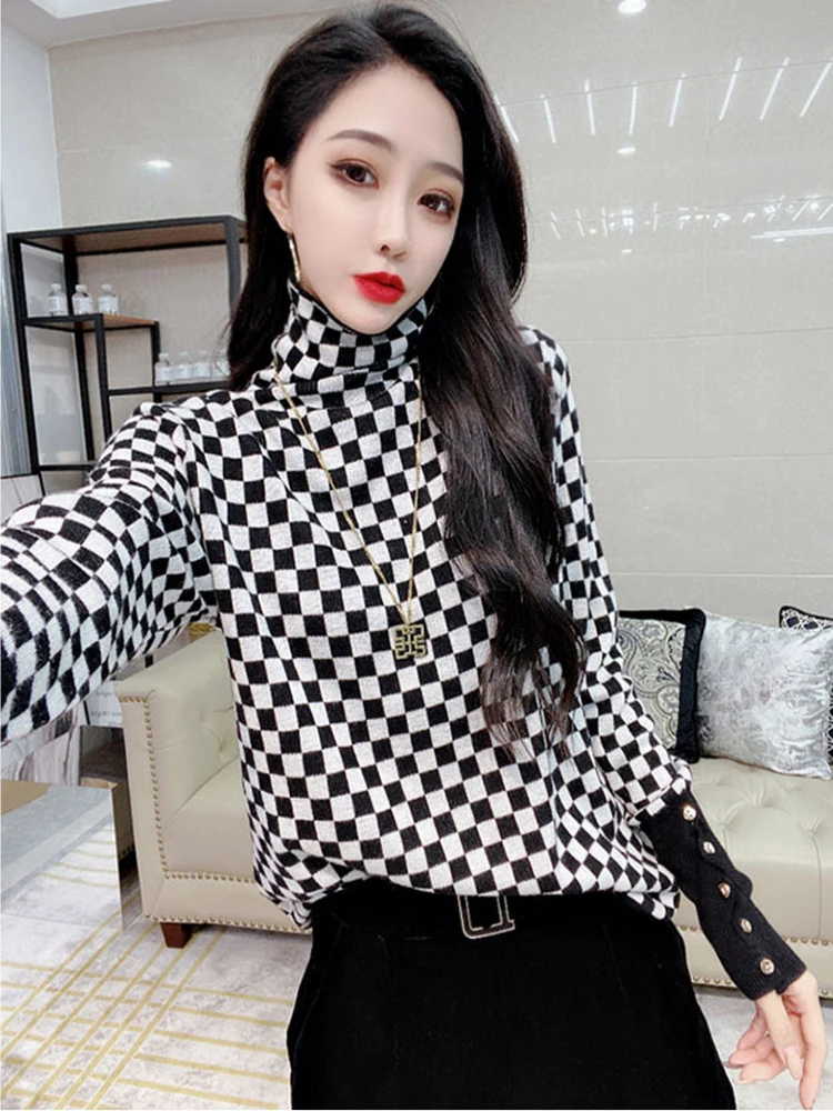 

Женский трикотажный свитер с высокой горловиной, Осень-зима 2021, новая футболка в стиле ретро, шахматный Топ