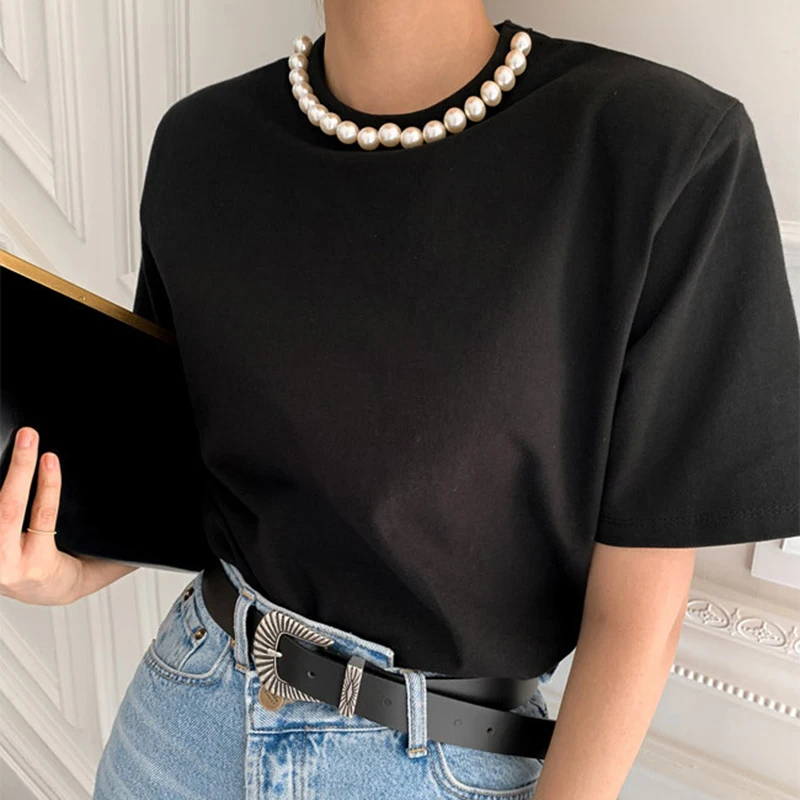 

New arrival spring summer casual pearl t-short women o-neck loose top tees