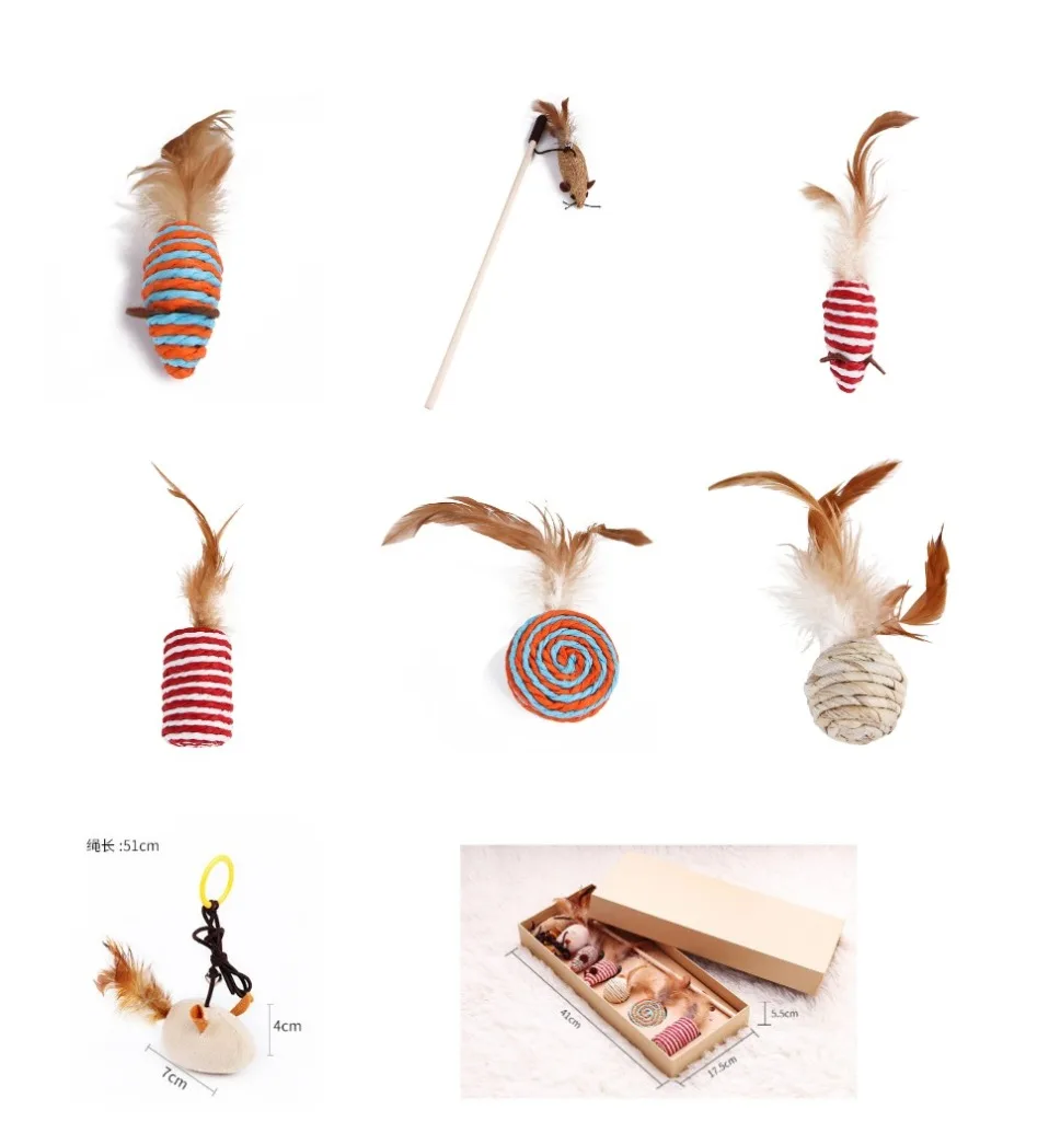 

7PCS Pet Cat Hemp Rope Funny Interactive Stick Cats Molar Toys Kitten Mouse Fishing Game Wand Feather Supplies Pets Accessory