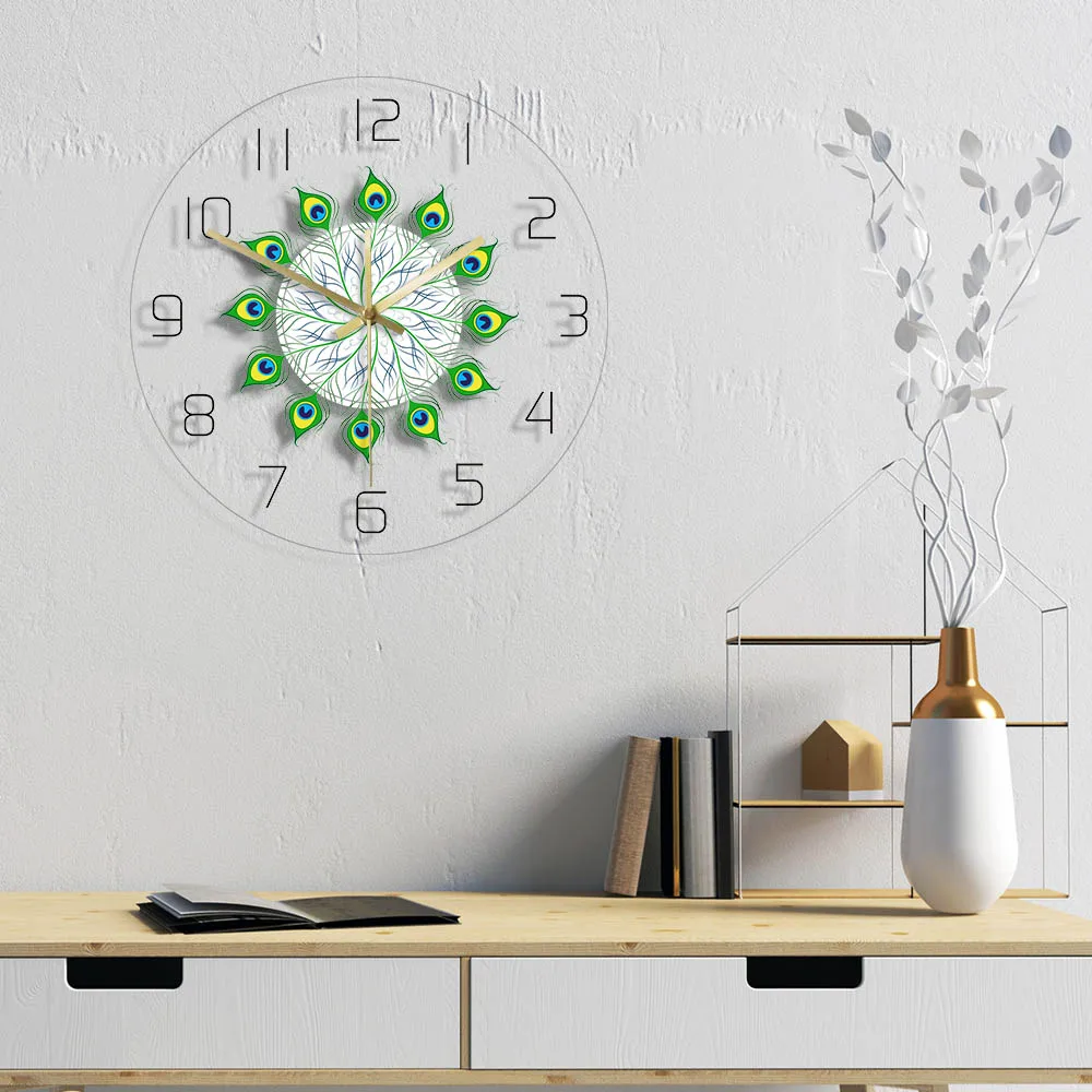 Современные настенные часы с изображением павлиньих перьев мандалы винтажный