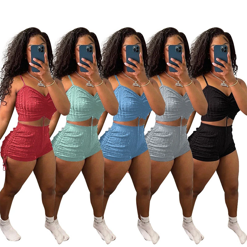 

Women Solid Knitted Sexy Two Piece Set V Neck Spaghetti Strap Crop Top And Ruched Pleated Drastring Short Casual Tracksuits