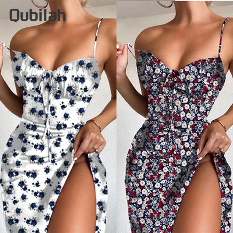 

Women Casual Sling Sleeveless Dresses Sexy Printed Sling Strapless Halter Dress With Ties On Chest Fashion Summer Split Skirt