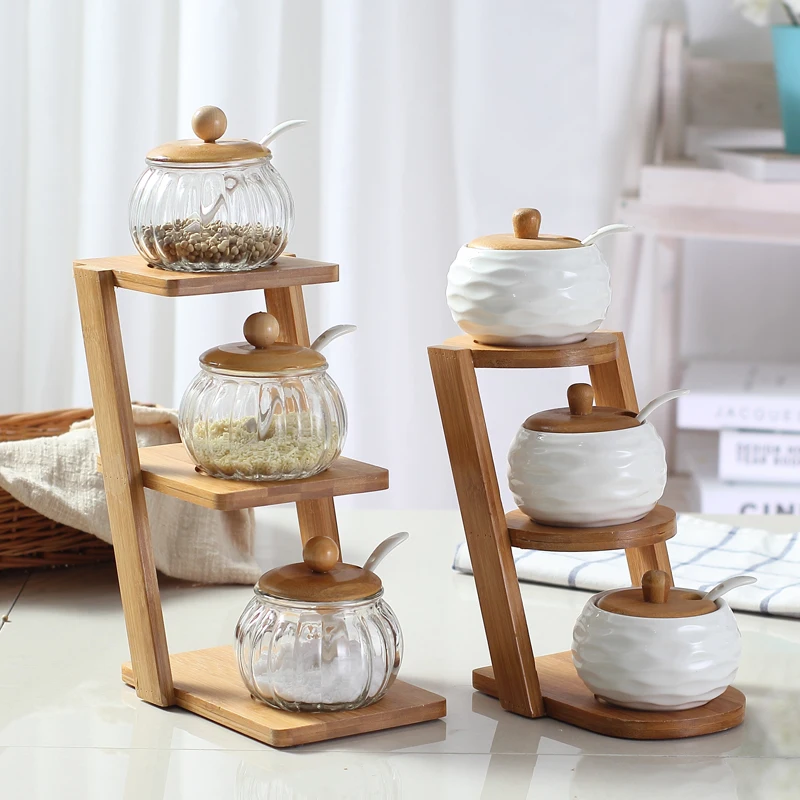

3PCS ceramic seasoning pot pepper salt glass cruet trapezoidal bamboo rack tray kitchen seasoning tool kitchen supplies MJ1019