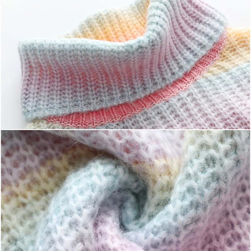 

Rainbow Turtleneck Women Knitted Sweaters Oversized Pullovers Tie Dye Colorful Winter Jumper Knitwear Casual Pull Femme 2021