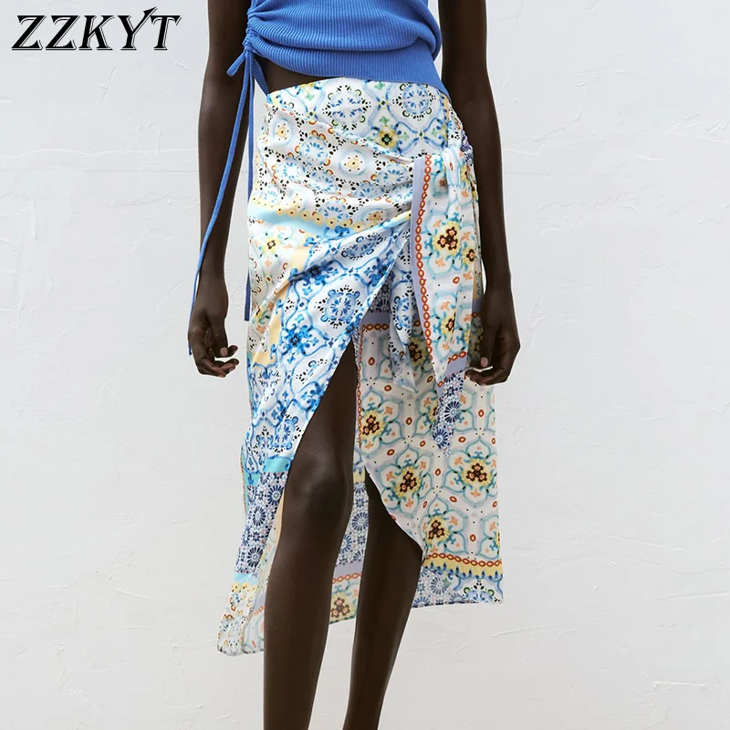 

ZZKYT 2021 Women Summer Vintage Patchwork Print High Waist Mid-Calf Skirts Fashion Split Ladies Skirts Casual Vestidos Vestidos
